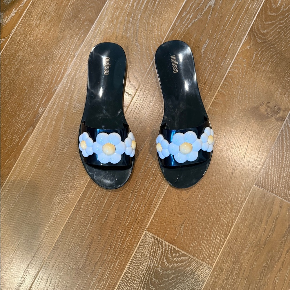 Melissa Jelly Black Sandals with Yellow and White Floral Design